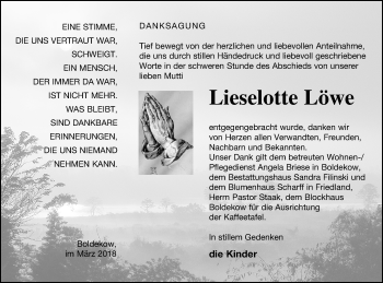 Traueranzeige von Lieselotte Löwe von Vorpommern Kurier