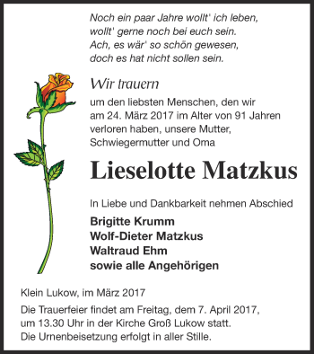 Traueranzeige von Lieselotte Matzkus von Müritz-Zeitung