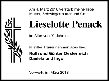 Traueranzeige von Lieselotte Penack von Demminer Zeitung