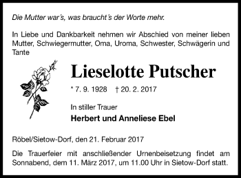 Traueranzeige von Lieselotte Putscher von Müritz-Zeitung