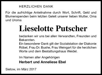 Traueranzeige von Lieselotte Putscher von Müritz-Zeitung