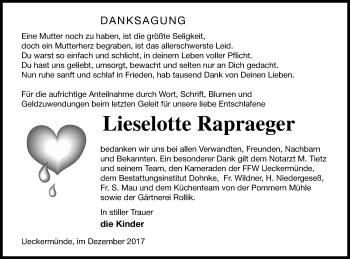 Traueranzeige von Lieselotte Rapraeger von Haff-Zeitung
