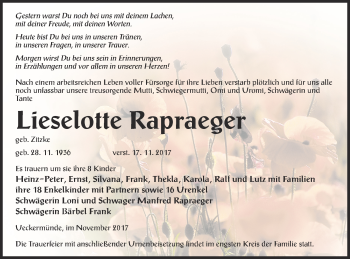 Traueranzeige von Lieselotte Rapraeger von Haff-Zeitung