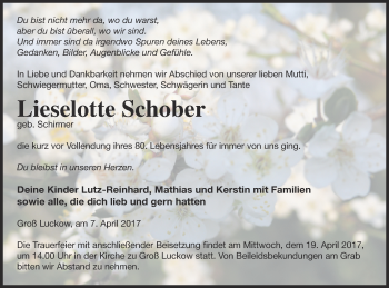 Traueranzeige von Lieselotte Schober von Pasewalker Zeitung