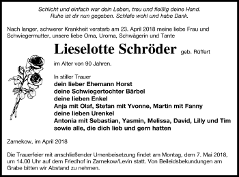 Traueranzeige von Lieselotte Schröder von Mecklenburger Schweiz