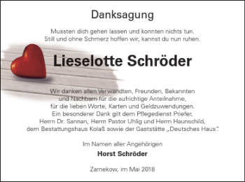 Traueranzeige von Lieselotte Schröder von Mecklenburger Schweiz