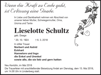 Traueranzeige von Lieselotte Schultz von Demminer Zeitung