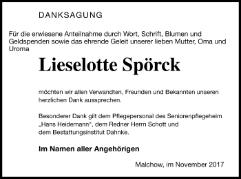Traueranzeige von Lieselotte Spörck von Müritz-Zeitung