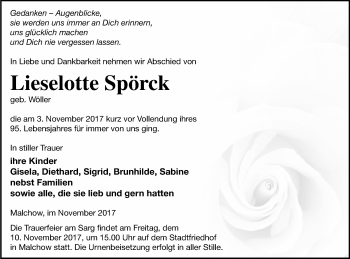 Traueranzeige von Lieselotte Spörck von Müritz-Zeitung