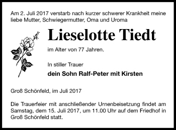 Traueranzeige von Lieselotte Tiedt von Strelitzer Zeitung