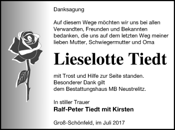 Traueranzeige von Lieselotte Tiedt von Strelitzer Zeitung