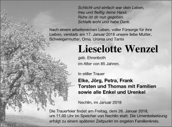 Traueranzeige von Lieselotte Wenzel von Pasewalker Zeitung