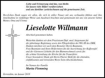 Traueranzeige von Lieselotte Willmann von Pasewalker Zeitung