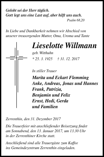 Traueranzeige von Lieselotte Willmann von Pasewalker Zeitung