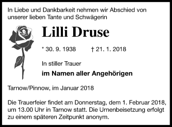 Traueranzeige von Lilli Druse von Neubrandenburger Zeitung