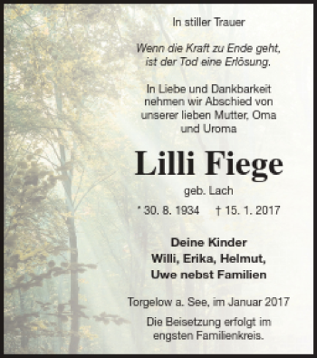 Traueranzeige von Lilli Fiege von Müritz-Zeitung