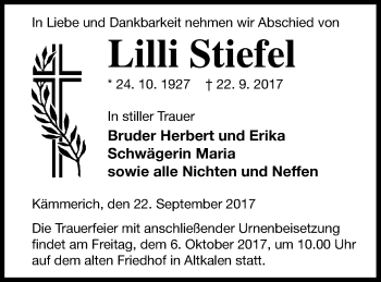 Traueranzeige von Lilli Stiefel von Mecklenburger Schweiz