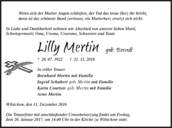 Traueranzeige von Lilly Mertin von Pasewalker Zeitung