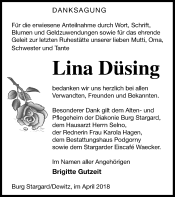 Traueranzeige von Lina Düsing von Neubrandenburger Zeitung