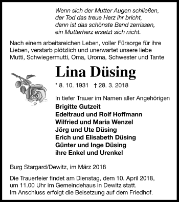 Traueranzeige von Lina Düsing von Neubrandenburger Zeitung