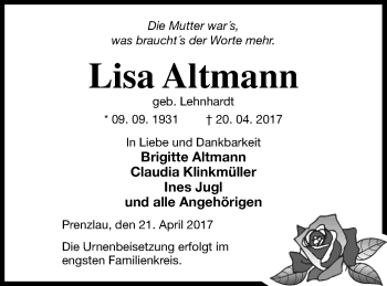 Traueranzeige von Lisa Altmann von Prenzlauer Zeitung