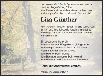 Traueranzeige von Lisa Günther von Müritz-Zeitung