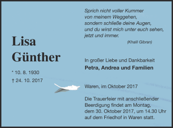 Traueranzeige von Lisa Günther von Müritz-Zeitung