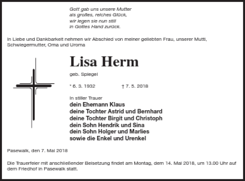  Traueranzeige für Lisa Herm vom 08.05.2018 aus Pasewalker Zeitung