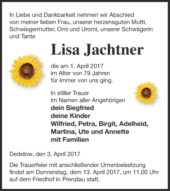 Traueranzeige von Lisa Jachtner von Prenzlauer Zeitung