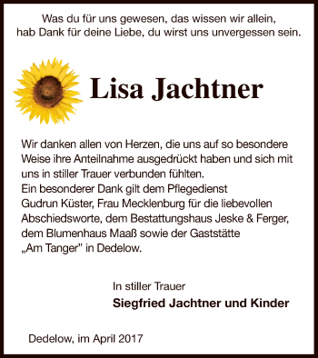 Traueranzeige von Lisa Jachtner von Prenzlauer Zeitung