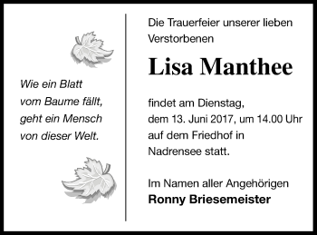 Traueranzeige von Lisa Manthee von Pasewalker Zeitung