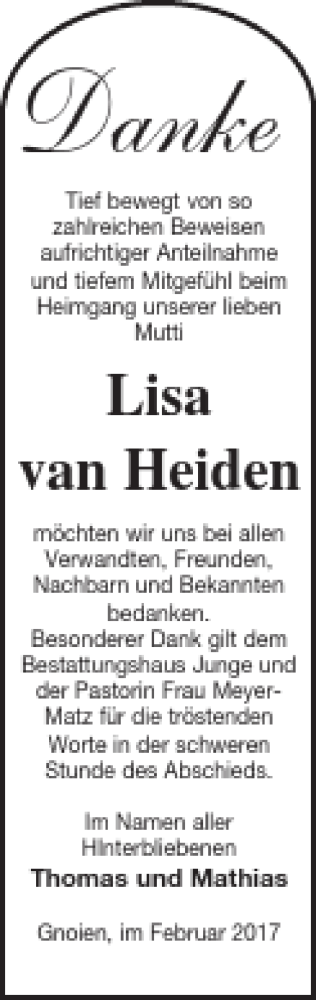 Traueranzeige von Lisa van Heiden von Mecklenburger Schweiz