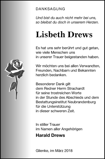 Traueranzeige von Lisbeth Drews von Neubrandenburger Zeitung