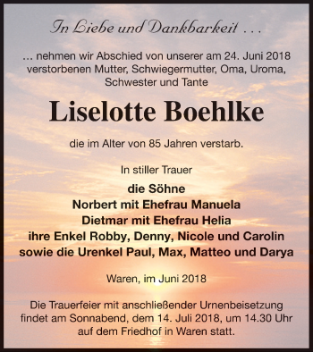Traueranzeige von Liselotte Boehlke von Müritz-Zeitung