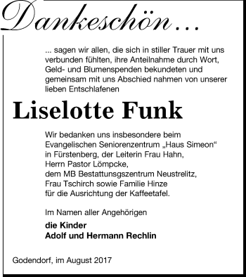 Traueranzeige von Liselotte Funk von Strelitzer Zeitung