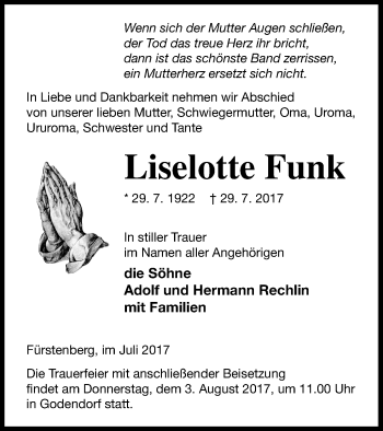 Traueranzeige von Liselotte Funk von Strelitzer Zeitung