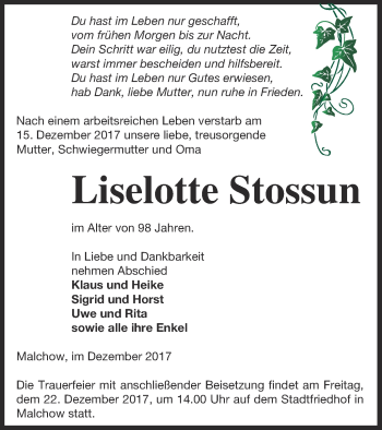 Traueranzeige von Liselotte Stossun von Müritz-Zeitung
