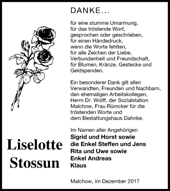Traueranzeige von Liselotte Stossun von Müritz-Zeitung