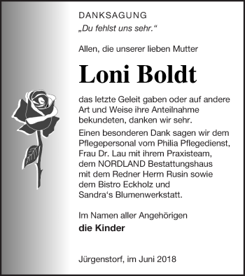 Traueranzeige von Loni Boldt von Mecklenburger Schweiz