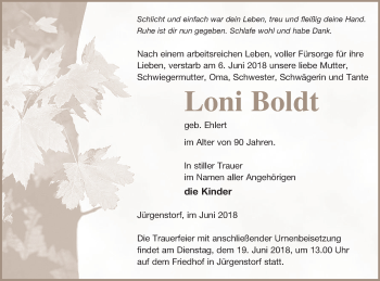 Traueranzeige von Loni Boldt von Mecklenburger Schweiz