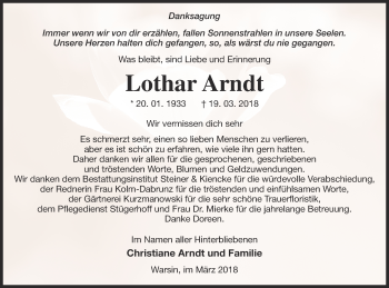 Traueranzeige von Lothar Arndt von Haff-Zeitung