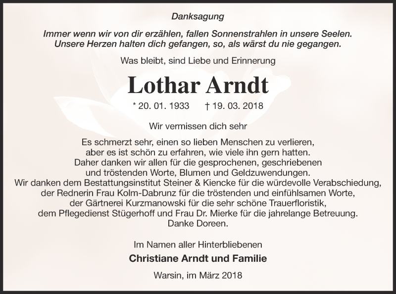  Traueranzeige für Lothar Arndt vom 06.04.2018 aus Haff-Zeitung