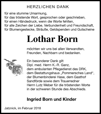 Traueranzeige von Lothar Born von Pasewalker Zeitung