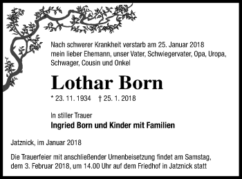 Traueranzeige von Lothar Born von Pasewalker Zeitung