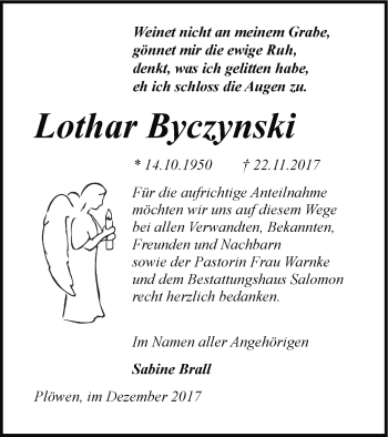 Traueranzeige von Lothar Byczynski von Pasewalker Zeitung