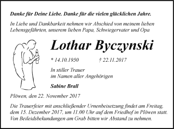 Traueranzeige von Lothar Byczynski von Pasewalker Zeitung