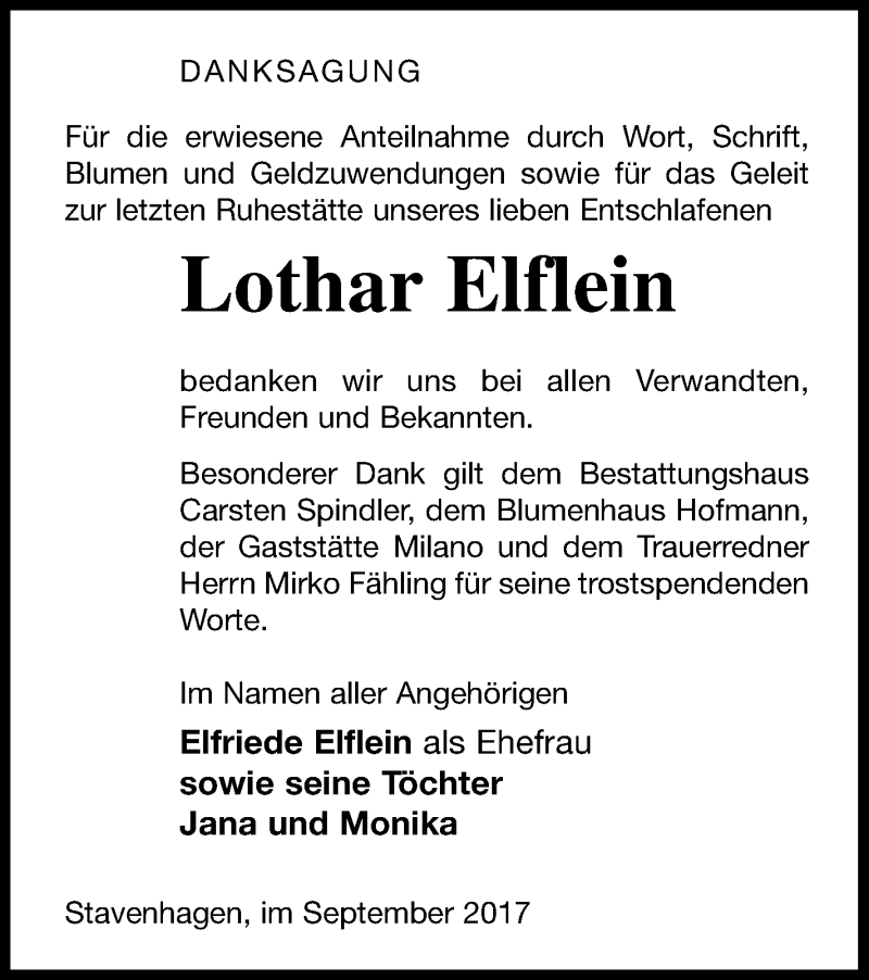  Traueranzeige für Lothar Elflein vom 22.09.2017 aus Mecklenburger Schweiz