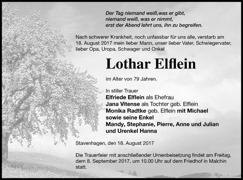  Traueranzeige für Lothar Elflein vom 01.09.2017 aus Mecklenburger Schweiz