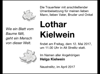 Traueranzeige von Lothar Kielwein von Strelitzer Zeitung