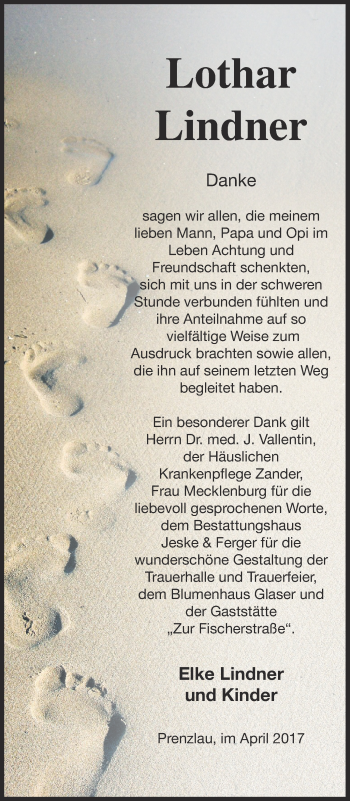 Traueranzeige von Lothar Lindner von Prenzlauer Zeitung